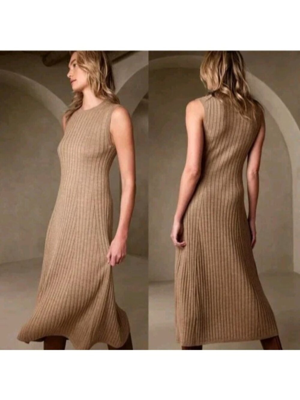 Banana Republic Andiamo Merino Wool Ribbed Sweater Dress XS Beige Taupe Midi